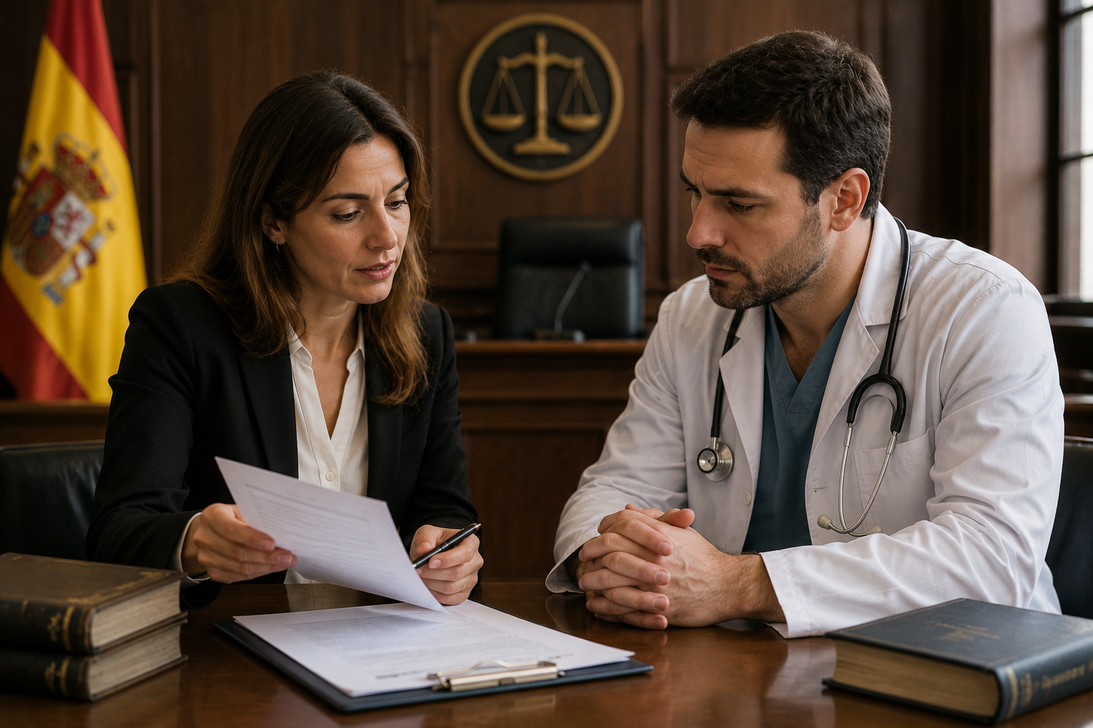 Abogada asesorando a un médico sobre indemnización por resolución unilateral de contrato con aseguradora en un juzgado.