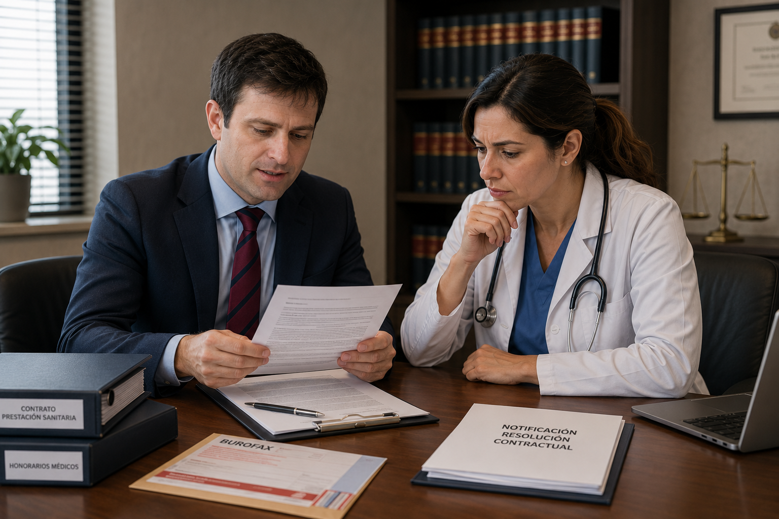 Abogado y médica revisando una resolución contractual.
